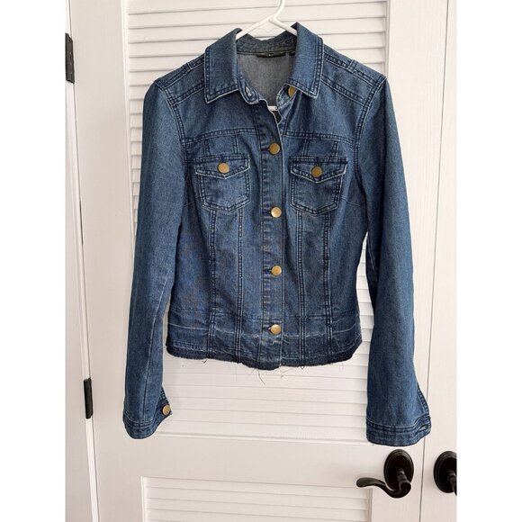 Versona Women’s Denim Jean Jacket Small Medium Wash Raw Hem Button Front Stretch - Picture 1 of 10